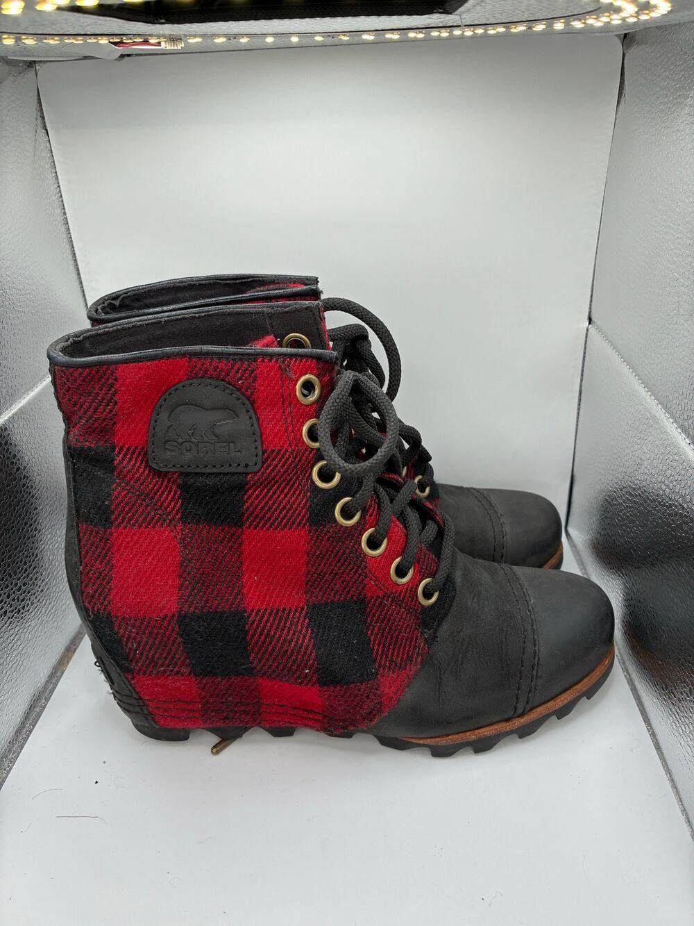 Sorel PDX Wedge Womens Size 8.5 Red Black Buffalo Plaid Lace Up Winter Boot